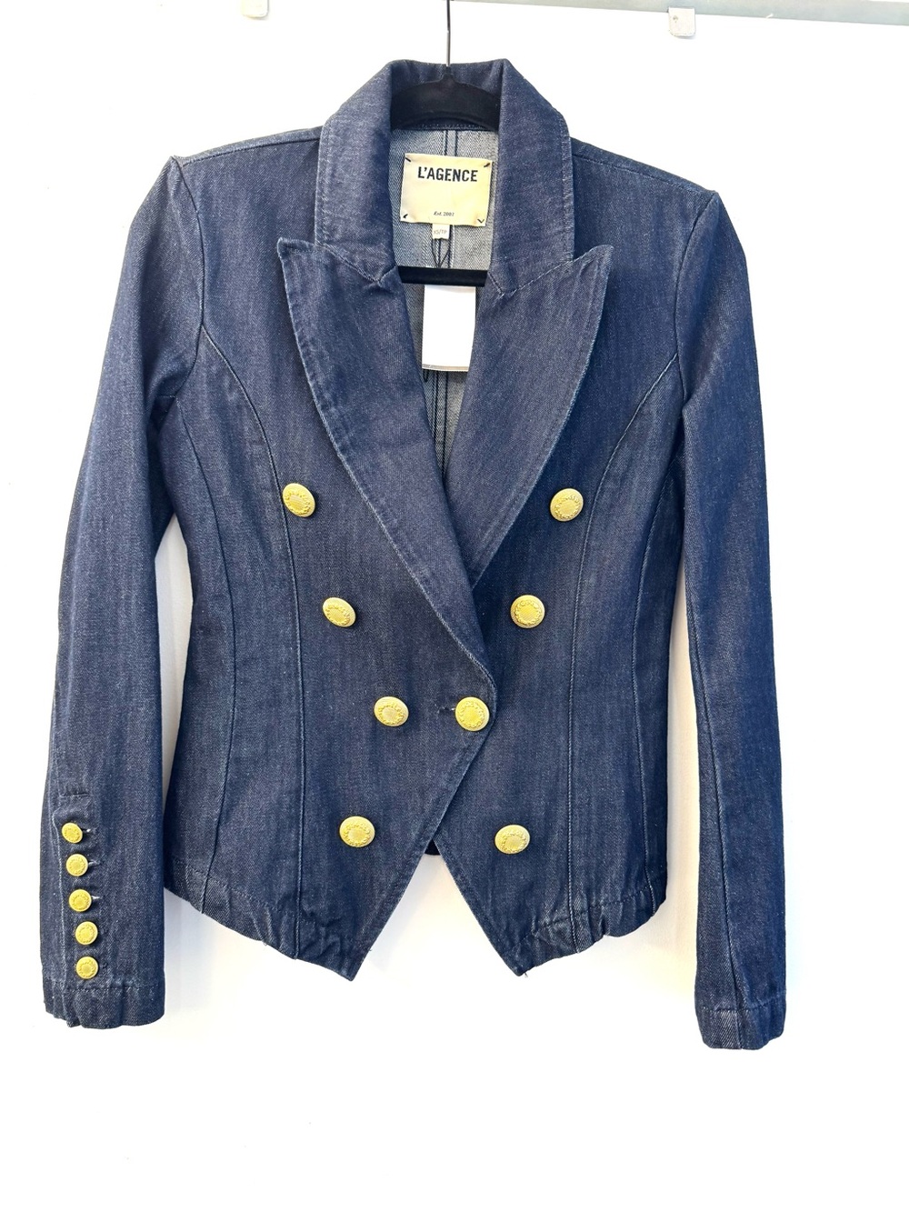 L'AGENCE Navy Double-Breasted Denim Blazer with Gold Buttons